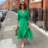Beatrice Emerald Green Cotton Poplin Midi Wrap Dress