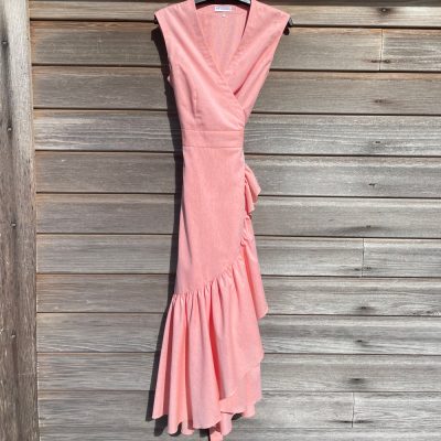 Bella Sleeveless Coral Cotton Chambray Midi Wrap Dress