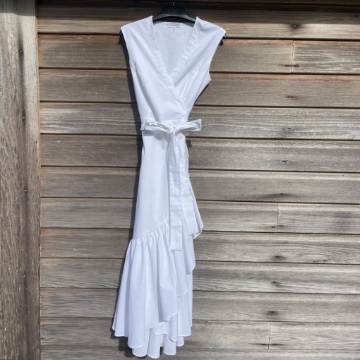 Bella Sleeveless White Cotton Chambray Midi Wrap Dress
