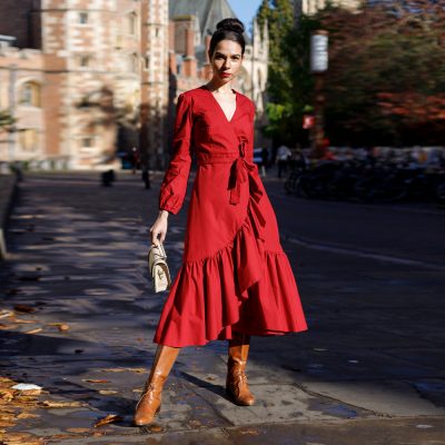 Beatrice Red Cotton Poplin Midi Wrap Dress